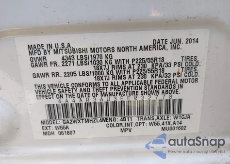 2014 Mitsubishi Outlander Sport Es из США, поврежденный, VIN 4A4AR3AU3EE032778